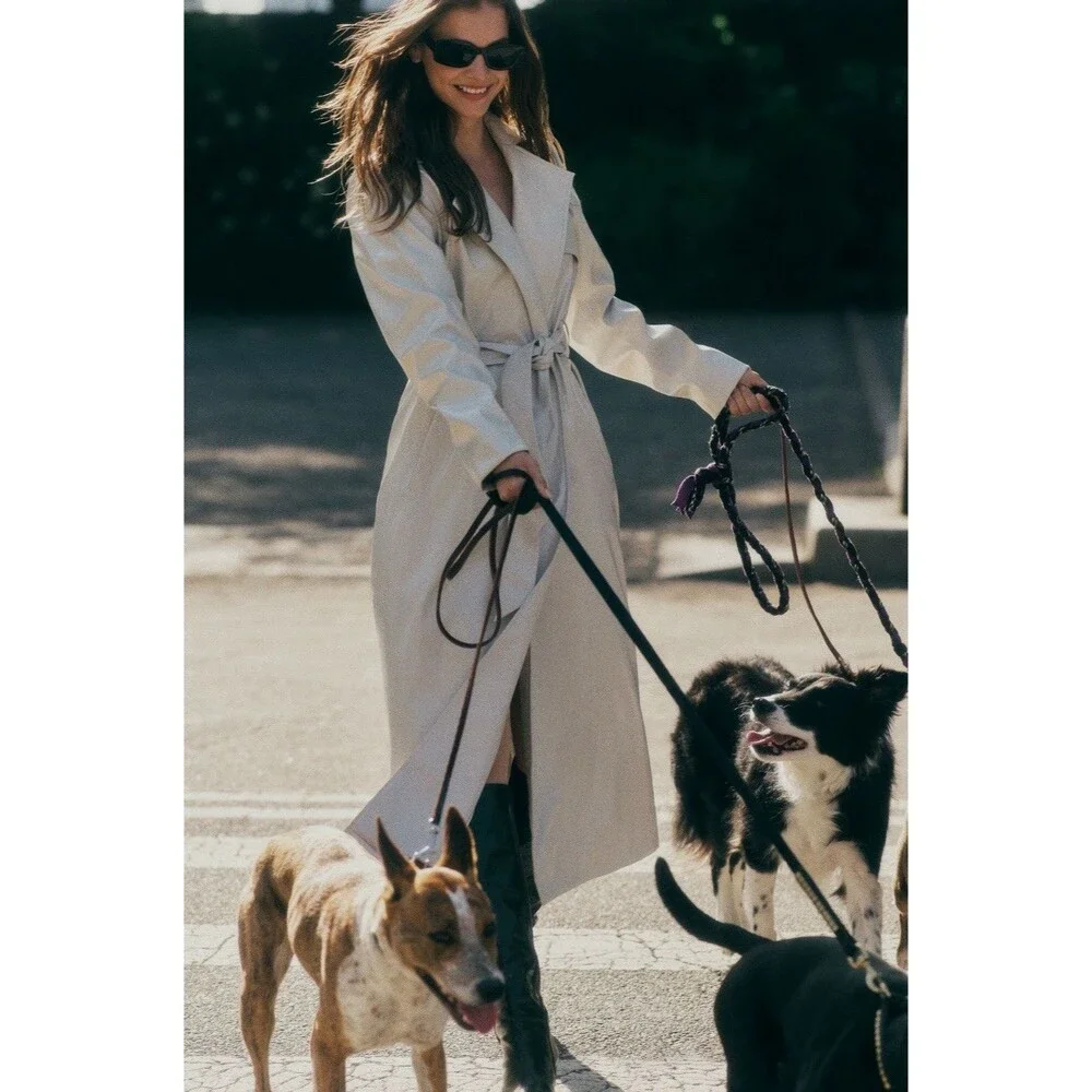 Anthropologie Trench Coat Women Ivory Belted High Shine Preppy Boho Size 4 NWT